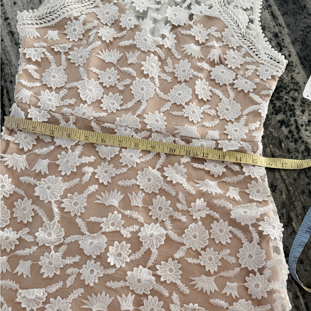 Aqua White Floral Lace Overlay Nude Mini Dress - Picture 5 of 8